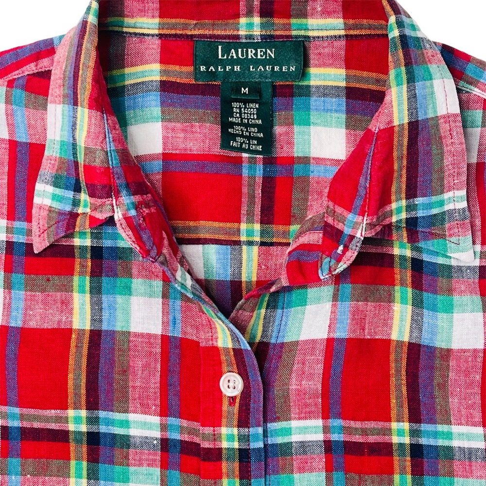 Lauren Ralph Lauren Red Plaid Linen Button Down Top Size Medium - Picture 5 of 11